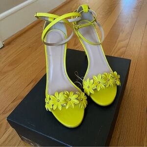 J.CREW LEATHER FLOWER HIGH-HEEL ANKLE STRAP SANDALS, LEMON SORBET, SIZE 8